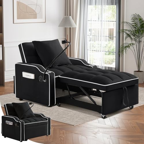 Convertible Sleeper Sofa Bed, 3 in 1 Velvet Pull Out Loveseat Couch Modern Comfy Futon Sofa with Adjustable Backrest & Phone Holder & USB Charging Space Saving for Living Room, Small Apartment, Grey