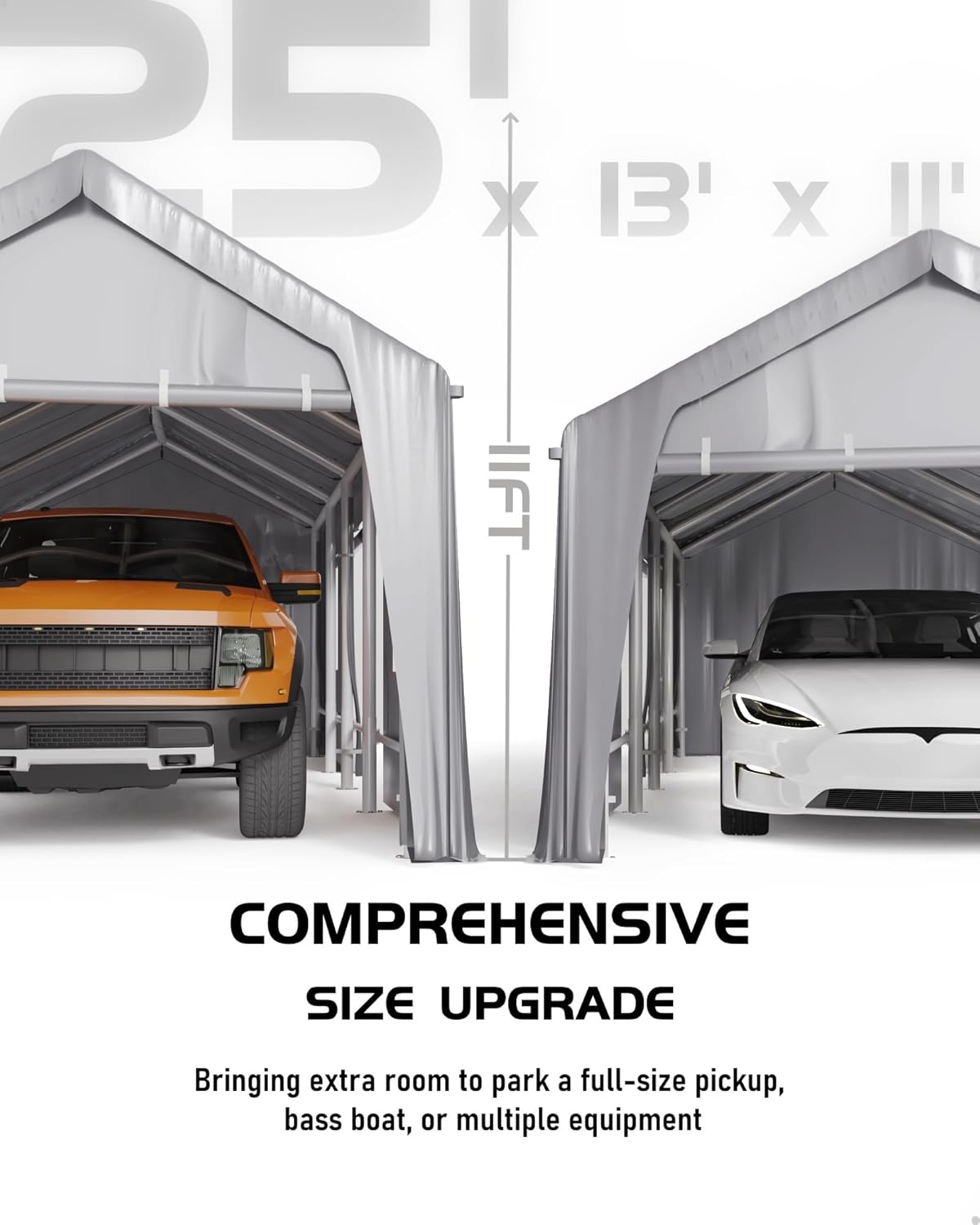 13'x25' Carport Windproof, Anti-High Wind Portable Garage, Reinforced Frames & 180 g PE Carport Canopy, with Front & Rear Doors, Shelter for Pickup, Boat, and Equipment, Silver Gray