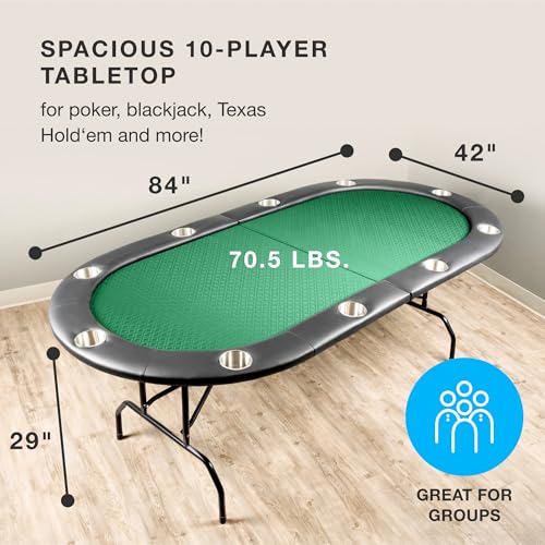 Brybelly 10-Person Foldable Poker Table with Suited Speed Cloth and Jumbo Stainless Steel Cupholders (Green, 84 Inch)