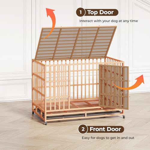 48 Inch Heavy Duty Indestructible Dog Crate Steel Escape Proof, Indoor Double Door High Anxiety Cage, Kennel with Wheels, Removable Tray, Extra Large XL XXL