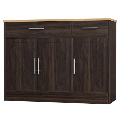Shintenchi Modern Farmhouse Sideboard Buffet Cabinet with Storage with 3 Doors,42" Barn Doors Buffet Cabinet with Storage, Wood Coffee Bar Cabinet with Adjustable Shelf for Kitchen Living Room,White