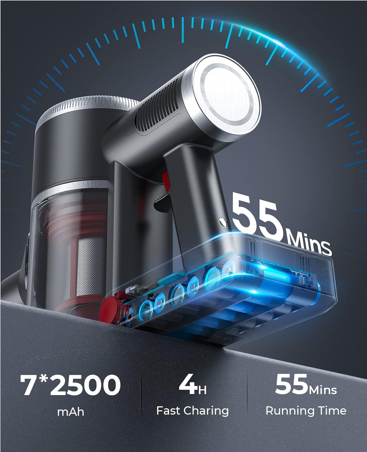 Laresar Cordless Vacuum Cleaner, 33Kpa Stick 400W Handheld with Mechanical Knob & LED Screen, Headlights, Up to 55Mins, Suitable for Carpet, Pet Hair, Hardwood Floor (Elite 5)