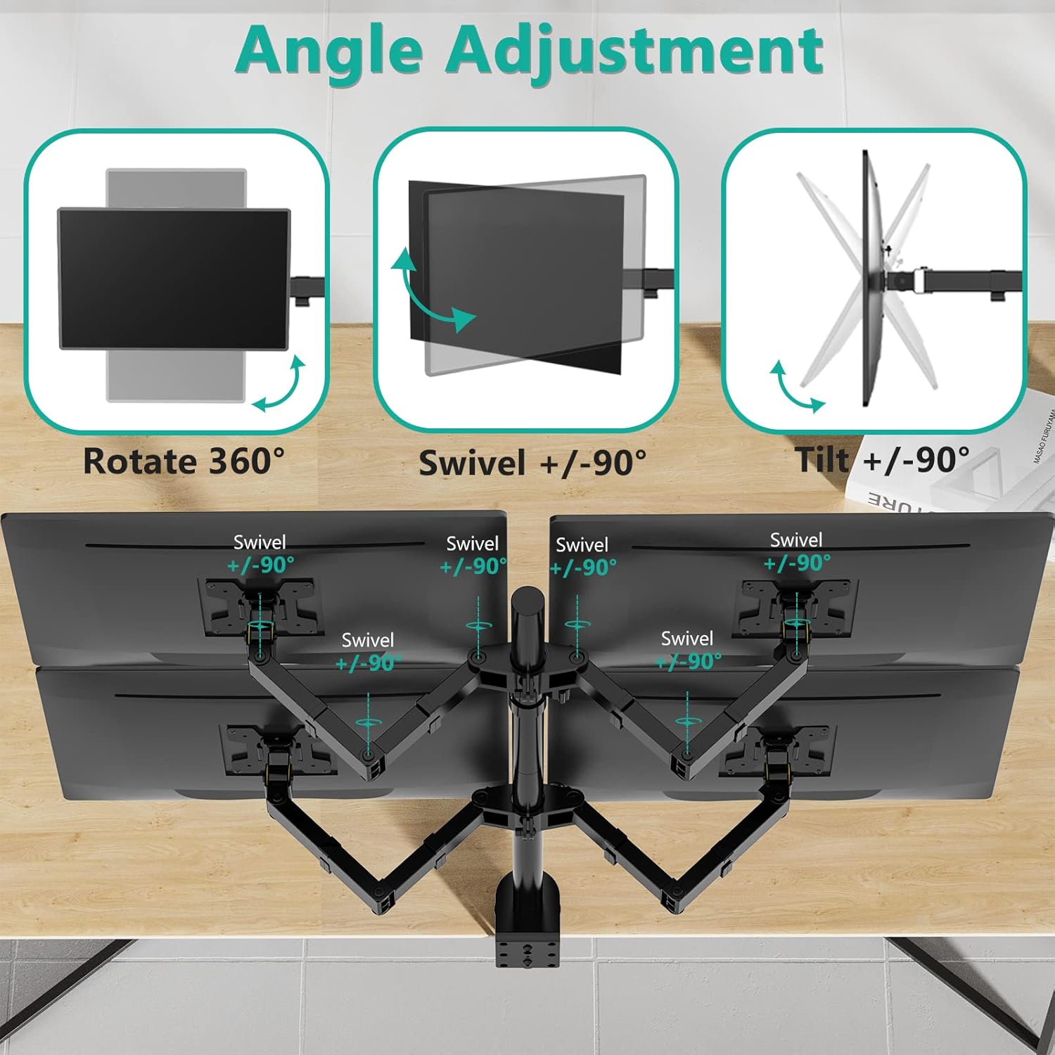 WALI Quad Monitor Stand, 4 Monitor Stand Fits Heavy Duty Computer Screen up to 27 inch, Full Adjustable Desk Mount Holds up to 22 lbs per Arm (M004), Black Pack of 2