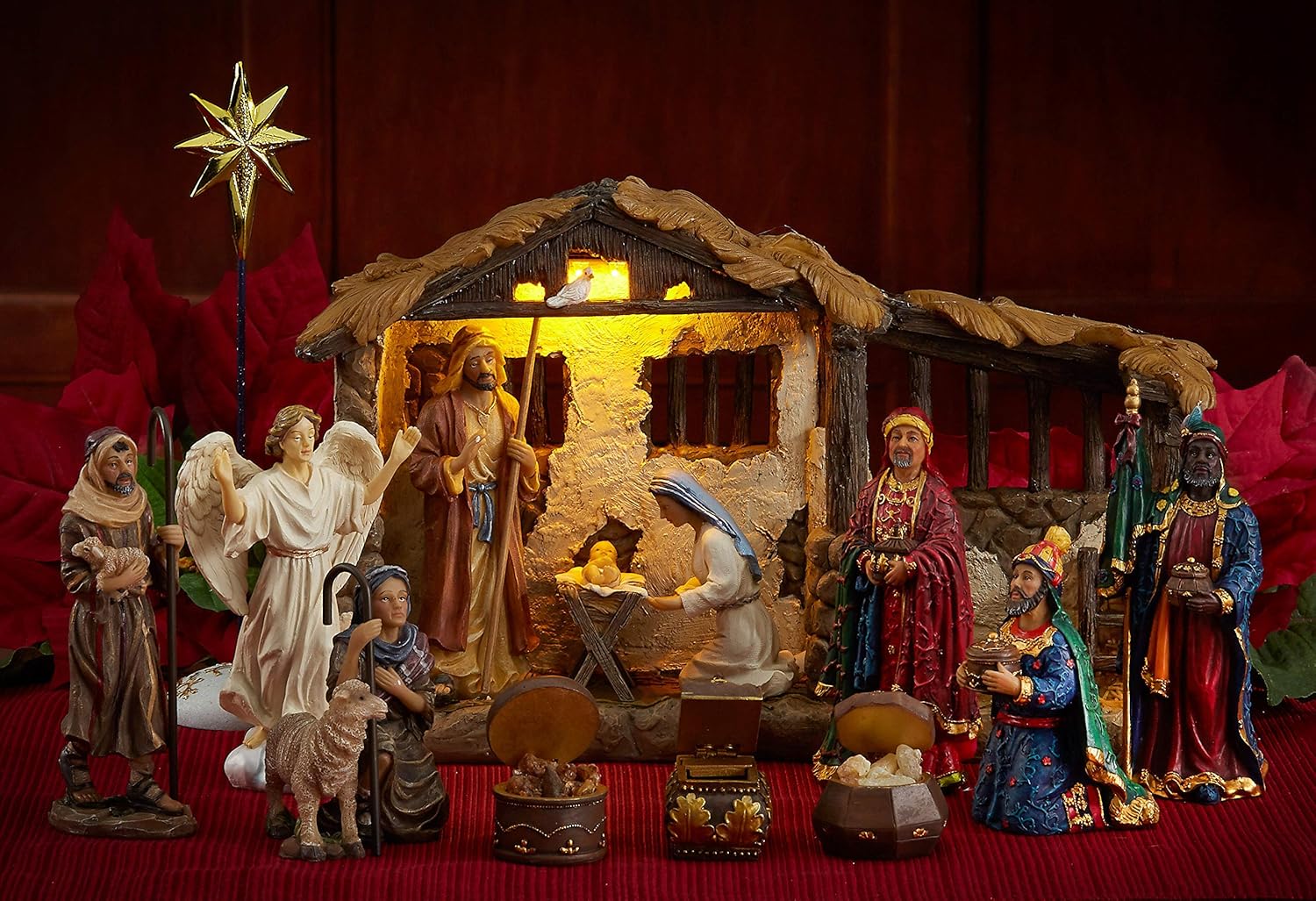 Three Kings Gifts Nativity Set for Christmas Indoor 23 Piece 5 Inch Figures with Lighted Stable, Palm Tree and Chests of Gold, Frankincense and Myrrh