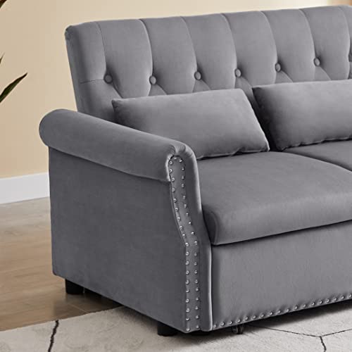 55" Button Tufted Upholstered Nailhead Decor Futon Loveseat Daybed Convertible Sleep Sofabed,3 in1 Reclining Backrest Love Seat w/Pull Out Sleeper Couch Bed Sofas, Gray Velvet 2 Pillows