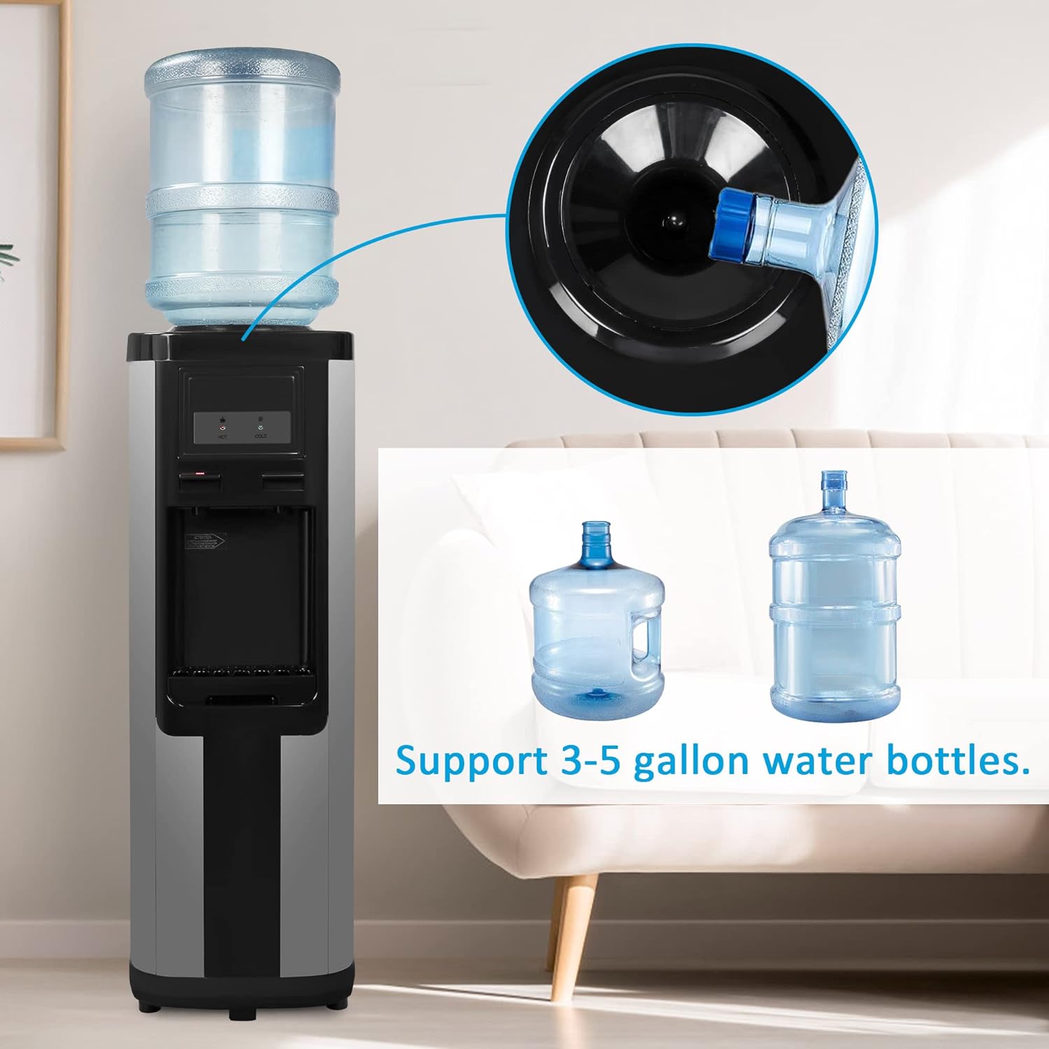 Top Loading Water Cooler Dispenser for 3 & 5 Gallon Water Bottles, Hot & Cold Water, Child Safety Lock, Stainless Steel, Black