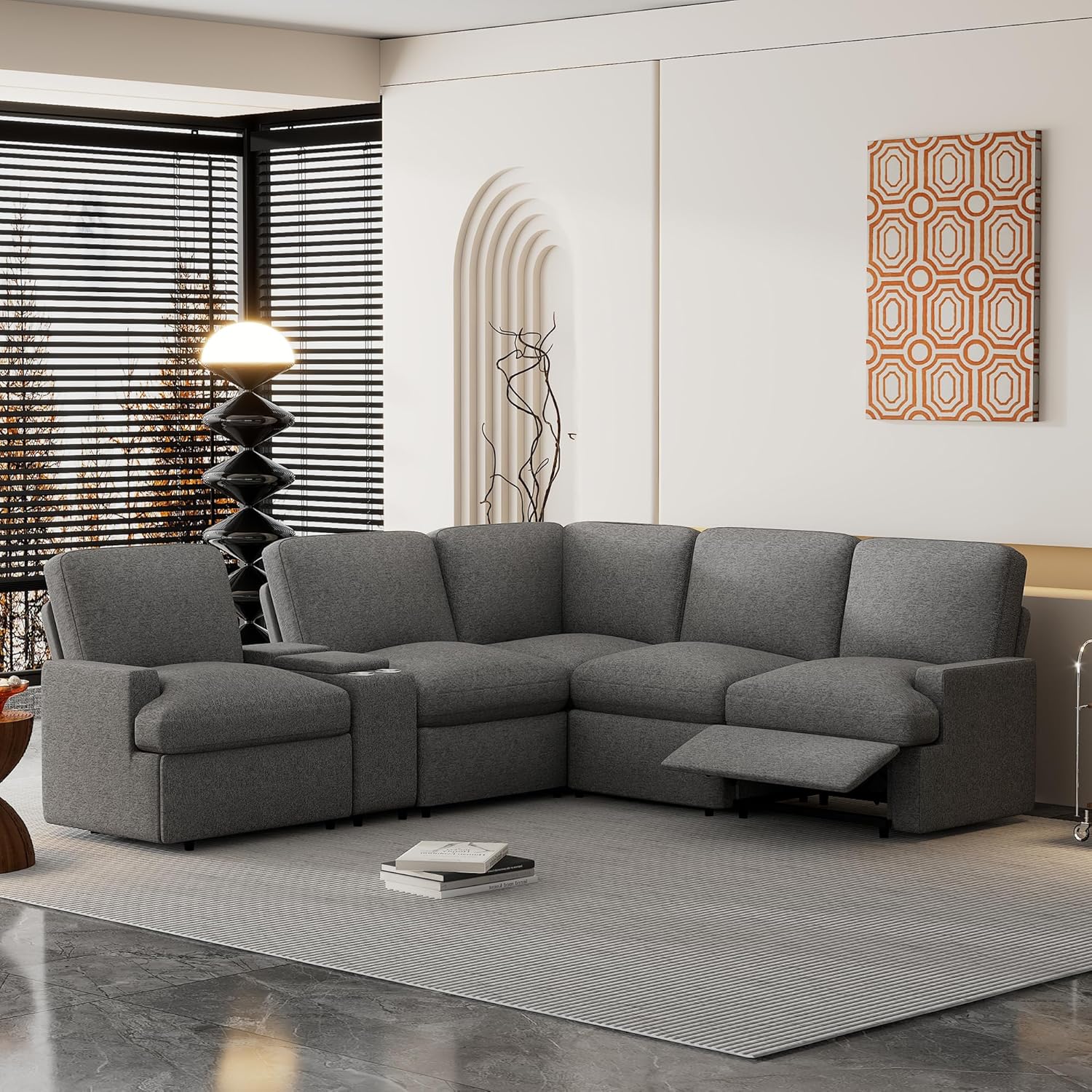 Merax 104'' L-shaped Power Recliner Sofa Couch, Modern Home Theater Reclining Sectional Corner Sofa with Storage Box, Cup Holders, USB Ports, and Power Socket for Living Room, Apartment, Dark Grey