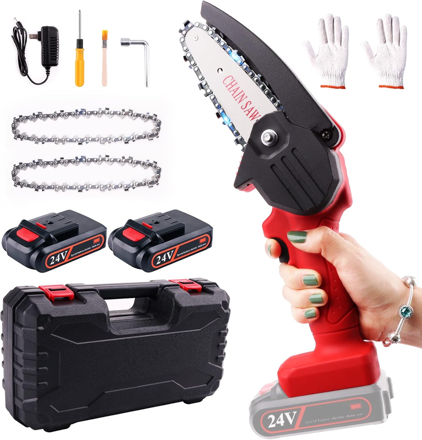 Mini Chainsaw, RLSOO Upgraded 4-Inch 24V Battery Powered Cordless Chainsaw, Portable One-Handed Rechargeable Electric Chainsaw for Tree Trimming Branch Wood Cutting（2 Batteries, 2 Chains Included） Pack of 2