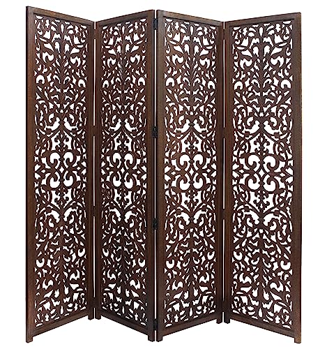 Room Divider Wood Screen - Ghanti Bells Antique Brown - 4 Panel Folding 72 x 80 - Assembled Hand Carved Decorative Functional Versatile Portable Partition Reversible Privacy Boho - COTTON CRAFT