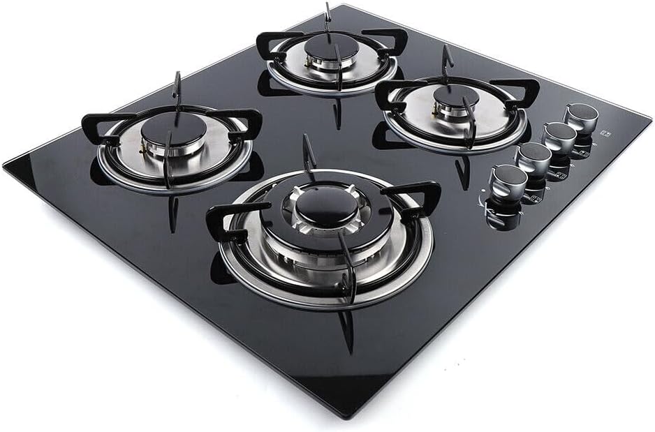 23" Gas Cooktop, Built in Gas Cooktop 4 Burners Stainless Steel Stove Black Tempered Glass Burners Gas Countertop for LPG/NG Dual Fuel Natural Gas/Propane Cooktop Heavy Duty Cast Iron Grates
