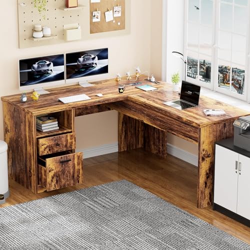 Unikito L Shaped Desk with Lift Top and Drawer, Large Office Desk with Power Outlets and USB Charging Ports, Sturdy Corner Computer Desk Writing Table with Storage, L Shape Standing Desk, Black