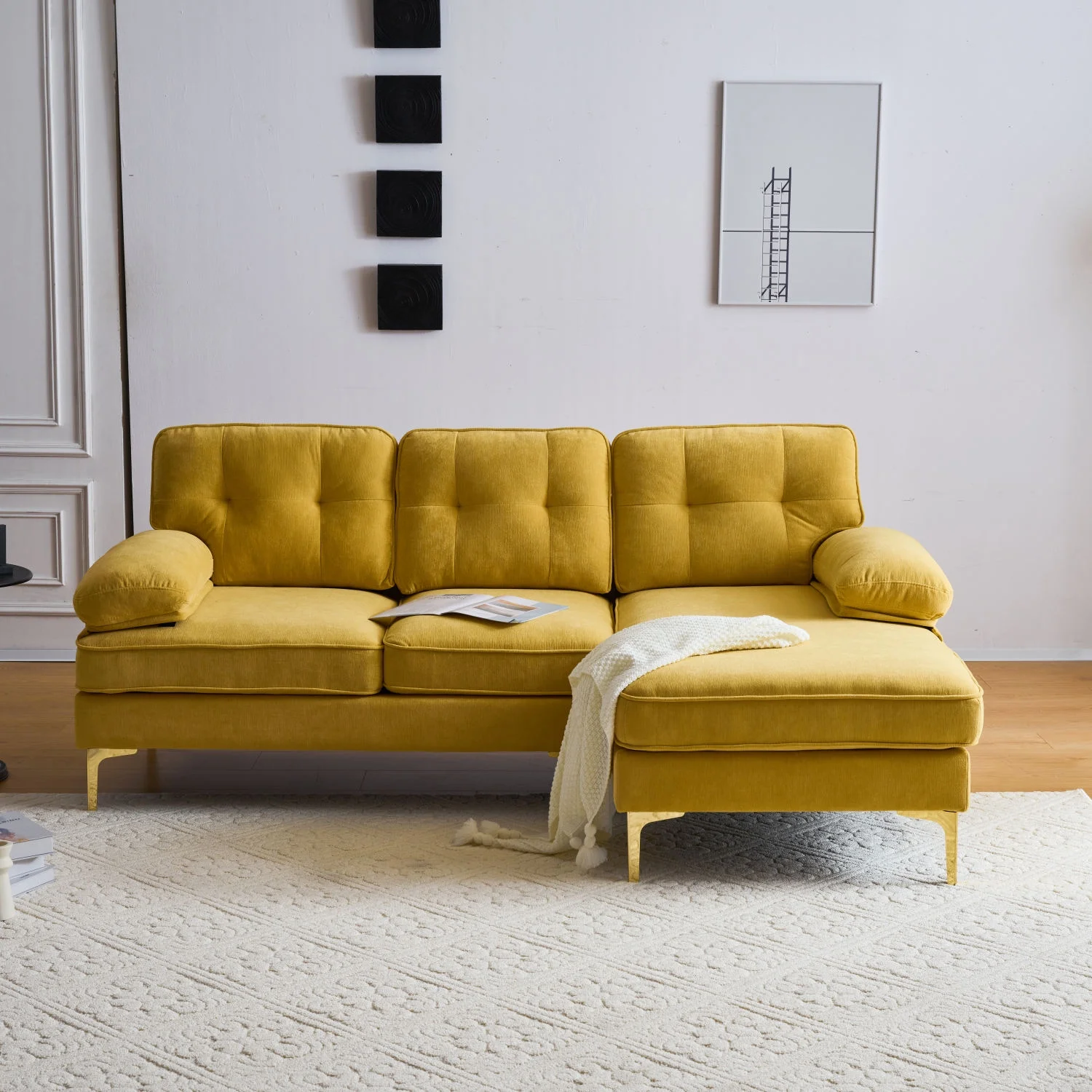 Churanty Modern 3 Seater Sectional Sofa with Chaise,Velvet L Shape Sofa Couch with Gold Legs for Living Room Bedroom,Yellow