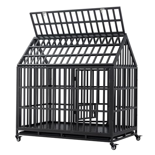 Heavy Duty Dog Crate, Indestructible Metal Dog Kennel with Pointed Roof Lockable Wheels for Medium Large Dogs, with Sturdy Door Lock and Removable Trays, Roof Top Access,48 inch