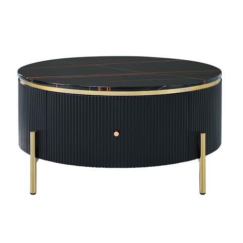 Modern Round Lift-top Nesting Coffee Tables with 2 Drawers for Living Room White & Natural