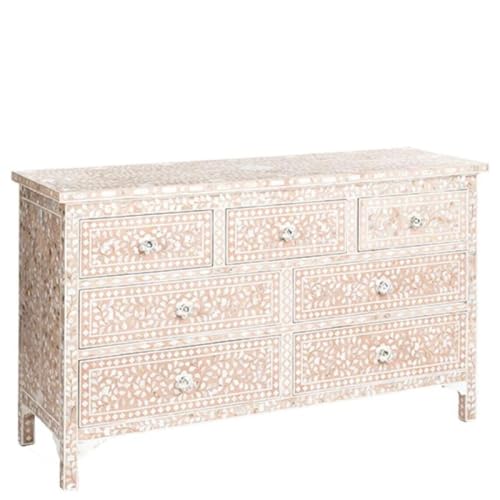 Inlay Floral Design Hand Painted Wooden Chest of Drawers for Bedroom, Living Room, Dining Room, Office, Home Decor, Pink (Gray)