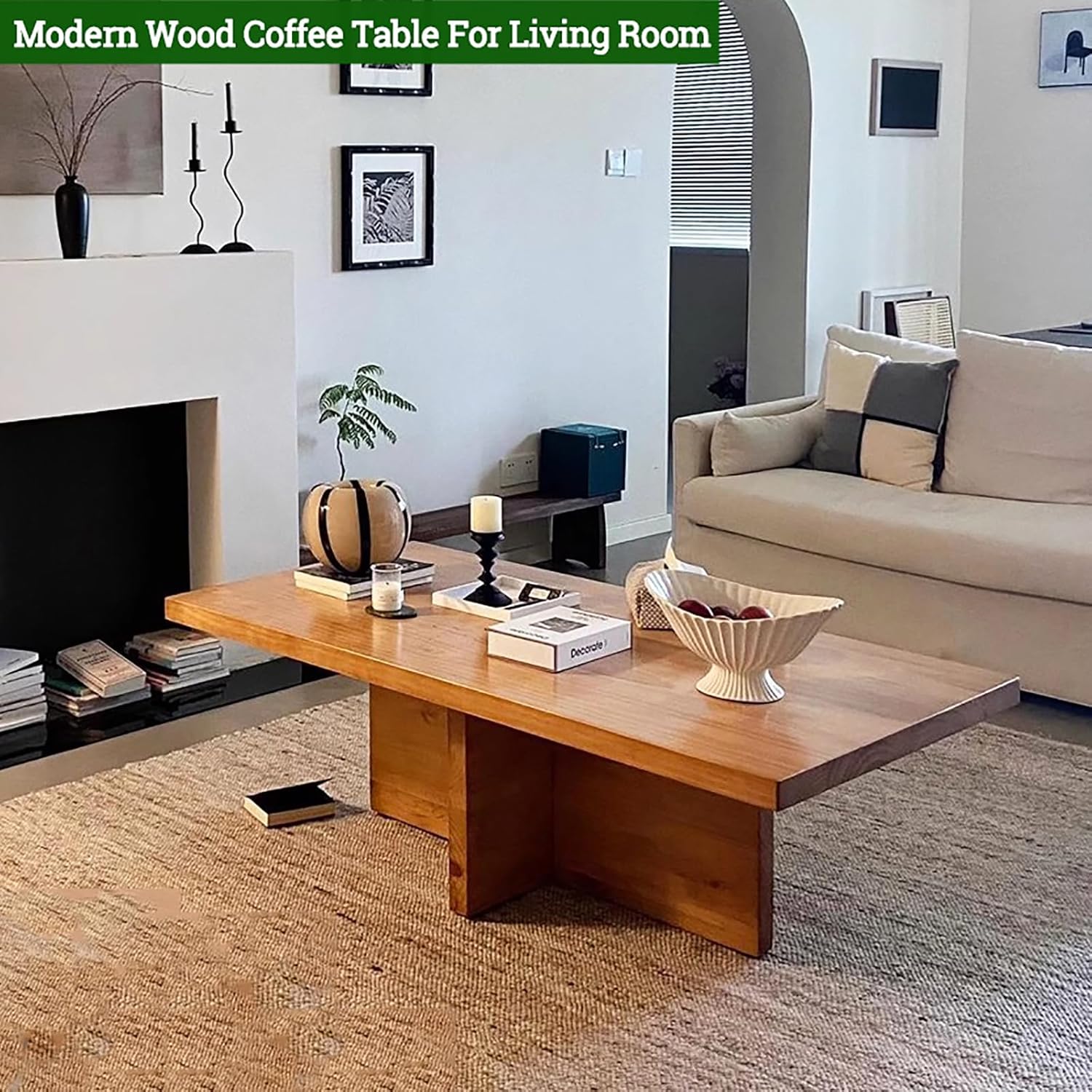 Rectangle Coffee Table Solid Wood,Modern Large Coffee Tables for Living Room,Scandinavian Coffee Table Pine Tea Table Cocktail Table with Cross Legs(47.2" L x 23.6" W x 17.7" H, Brown)