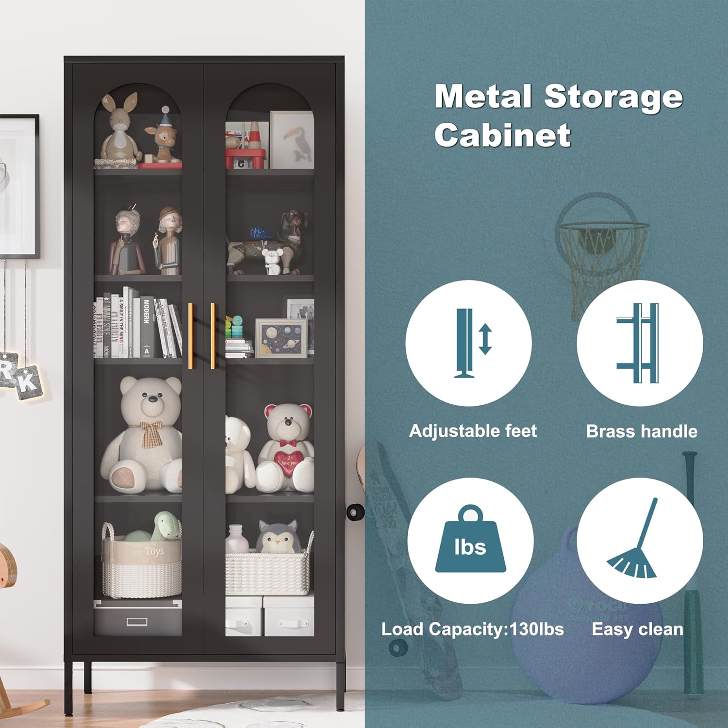 71" Tall Glass Display Cabinet,Curio Display Cabinet with 4 Adjustable Shelves,Metal Storage Cabinet with Glass Doors,Black Bookcase with Doors,Display Case for Home, School, Office,Kitchen