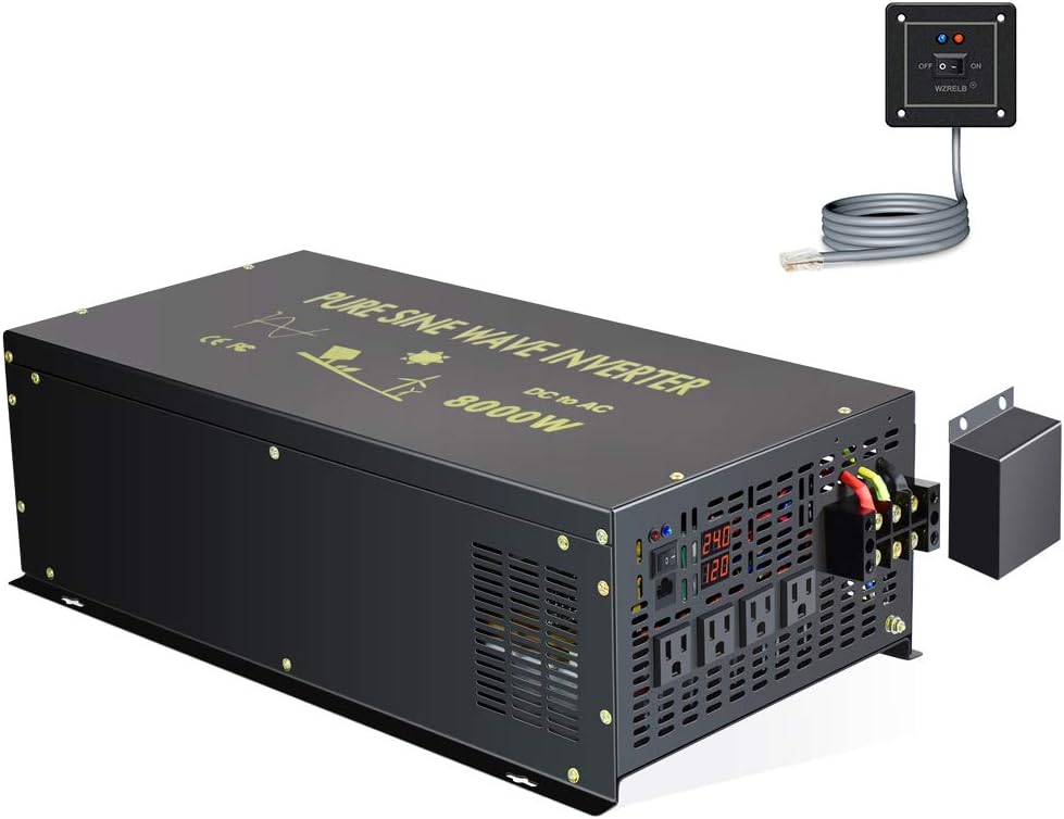 Reliable 8000W Continuous Power Heavy Duty Pure Sine Wave Power Inverter DC 48V to AC 120V with 4 AC Outlets Remote Control 66A Hardwire Terminal and LED Display for RV Car Solar System Emergency