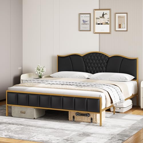 Bed Frame, King Bed Frame and Headboard, Platform Bed, Faux Leather, Metal Frame, Tufted Modern No Box Spring Needed, Strong Wooden Slats, Gold and Black