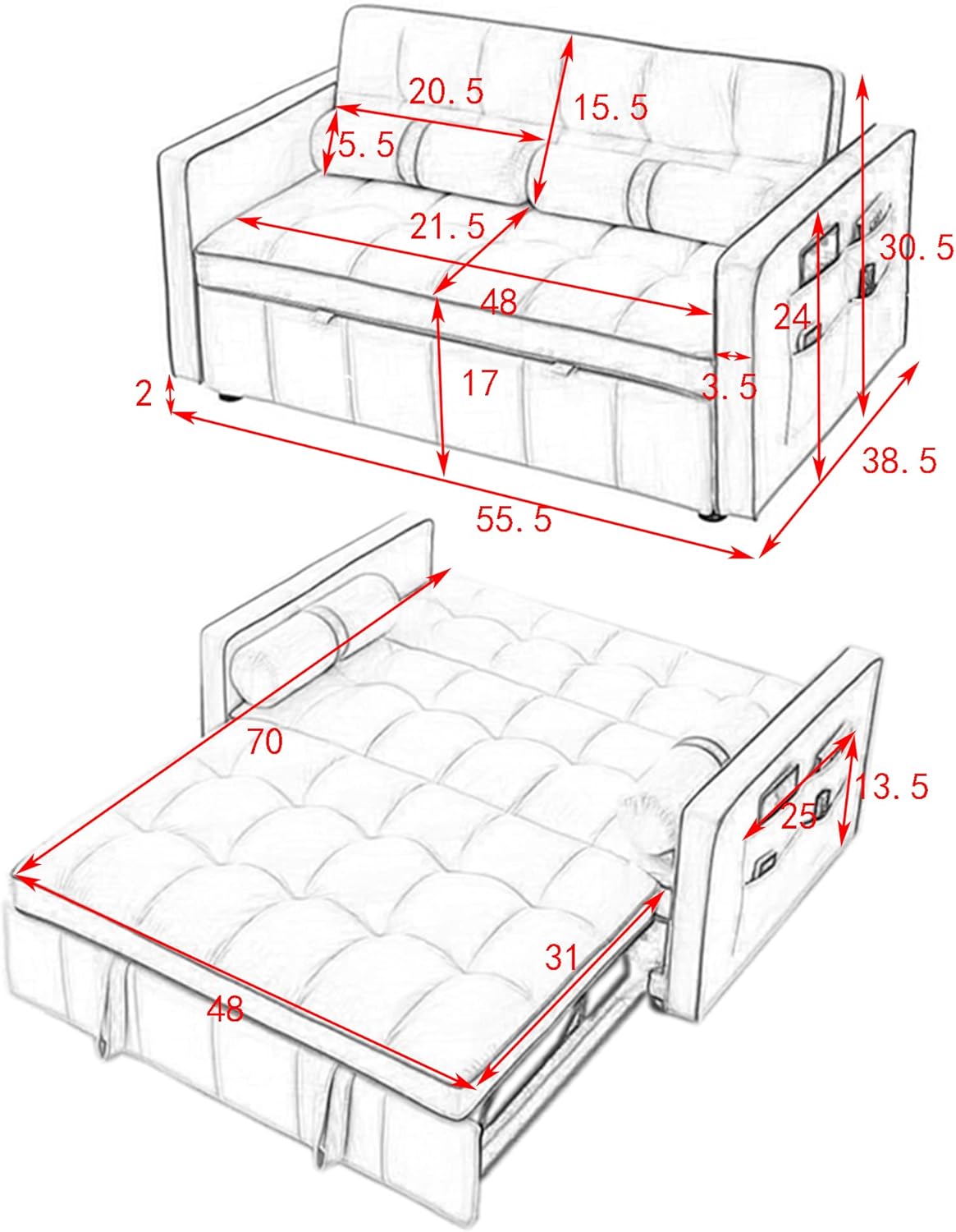 Quarte 55.5" Pull Out Sleep Sofa Bed, Modern 2 Seater Loveseats Sofa Couch with Adjsutable Backrest, Side Pockets & Lumbar Pillows, Convertible Sleeper Sofa Bed for Living Room (Beige/Loveseats)
