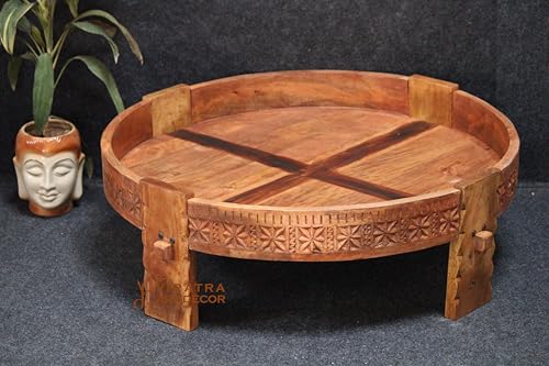 Handcrafted Wooden Coffee Table with Intricate Carved Design,Round Solid Wood CHakki Table (45x45x20 cm)