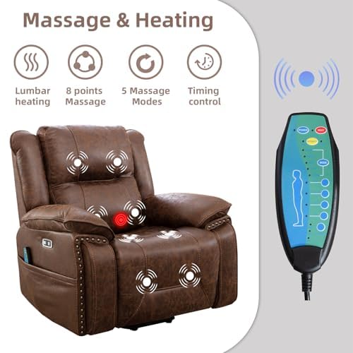 Phoenix Home Dual Motor Power Lift Chair for Elderly, Lift Chairs with Massage and Heat, Leather Electric Chairs for Adults, Recliner Chair with USB, 2 Concealed Cup Holders, Brown