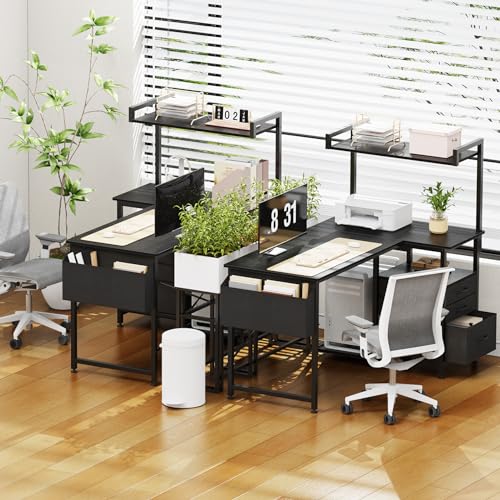 47 inch L Shaped Desk with 3 Fabric Drawers, Reversible Computer Desk with Top Shelf & Storage Shelf & CPU Stand for Home Office,Corner Gaming Desk Work Study Table for Gaming Writing,Black