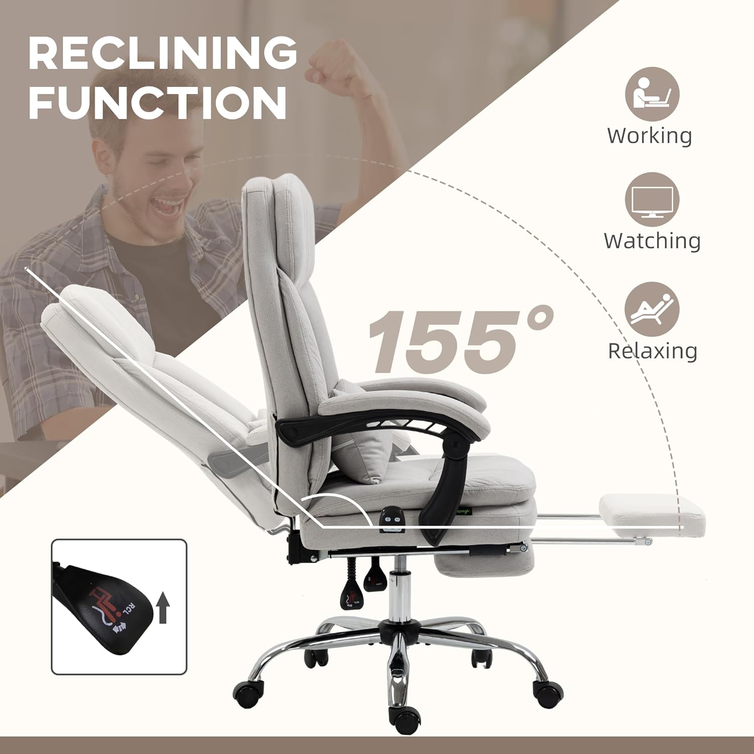 Executive Massage Office Chair, Swivel Computer Desk Chair, Microfibre Heated Reclining Computer PU Leather Chair with Lumbar Support Pillow, Light Gray