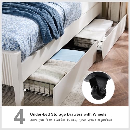 T4TREAM Fluted Panel King Bed Frame with Bookcase Headboard & Charging Station, Modern Wood Platform Bed with 4 Drawers, Wood Slats Support, Noise Free, No Box Spring Needed, Dark Grey