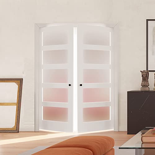 30"x 80" French Interior Slab Door - 5 Lites Tempered Frosted Glass Pantry Door Panels, Closet & Bathroom Single Door, White Primed, MDF - Panel Need to Assembly