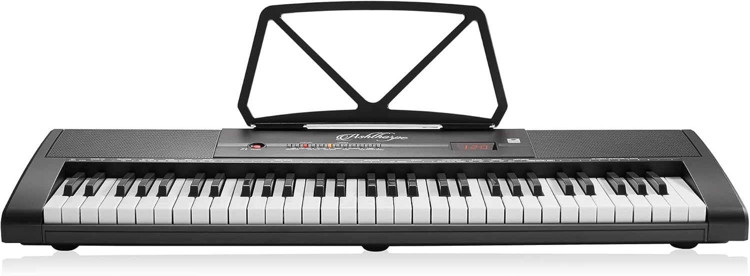 Ashthorpe 61-Key Digital Electronic Keyboard Piano with Light Up Keys, Includes Stand, Bench, Headphones, Mic and Keynote Stickers