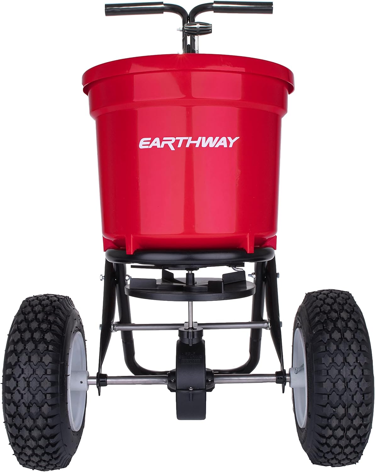 Earthway Even Spread 2150 Commercial 50 LB Broadcast Fertilizer Spreader. Red, Heavy-Duty Walk-Behind Push Garden Seeder with Adjustable Drop Rate and Driving Handle. Large 13 inch Pneumatic Stud Tires