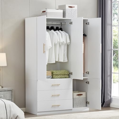 White 4 Doors 3 Drawers Large Closet Cabinet Wardrobe Armoire Bedroom Freestanding Clothes Storage Organizer with Hanging Rod & Shelves, Bathroom Wooden Organizer (20.3"D x 63"W x 74.2"H)