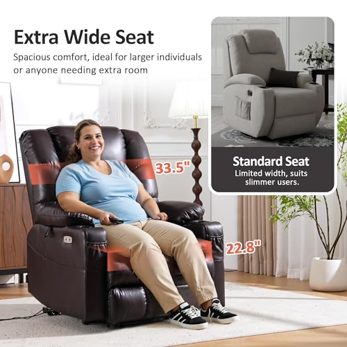 MCombo Large Triple Motor Power Lift Recliner Chair with Massage and Dual Heating, Adjustable Headrest for Tall Elderly People, Faux Leather 7634 (Dark Brown, Large)