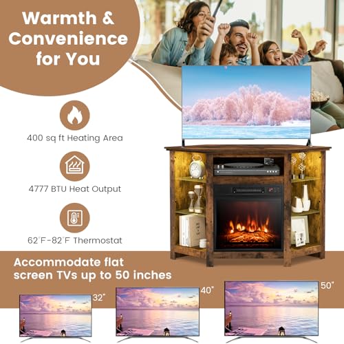 Fireplace Corner TV Stand, Entertainment Center for 50 Inch TV w/LED Lights Adjustable Shelves Overheat Protection Remote/APP Control, TV Console w/Built-in Electric Fireplace (Rustic Brown)