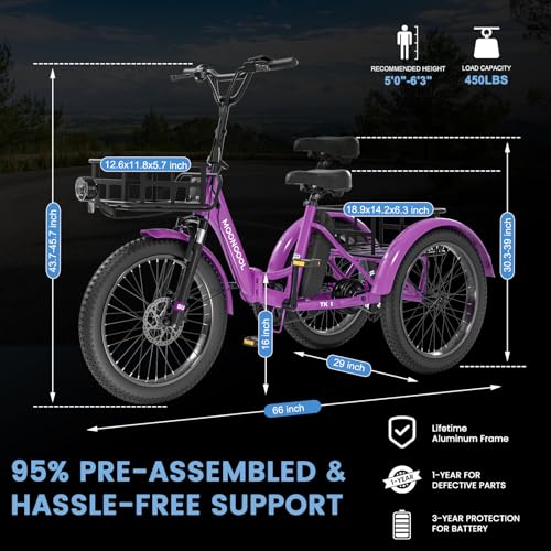MOONCOOL Electric Tricycle for Adults, 500W/750W 48V 20" Folding Electric Trike Peak Power 1100W, 3 Wheels Electric Bicycle, Aluminum Frame Electric Tricycle with Large Basket and Removable Battery