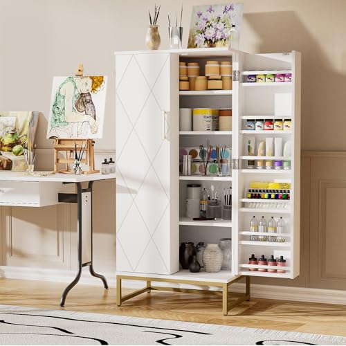 51” Pantry Cabinets, White Freestanding Kitchen Pantry Storage Cabinet with Adjustable Shelves, Buffet Cupboards Storage Cabinet for Home Office Use, White + Gold