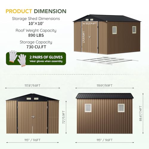 Outdoor Storage Shed 10 x 12ft. Utility Tool Shed Metal Storage Garden Shed with Lockable Doors, Windows & Metal Frame Floor for Patio Storage,Brown