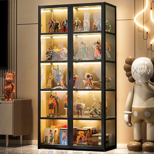 5-Tier Curio Display Cabinet, Storage Shelves with Acrylic Door, Collectibles Toy Organizers Rack & Display Shelf, Display Case for Playroom Bedroom Toddler's Room Kids Bookcase (Wooden double door)
