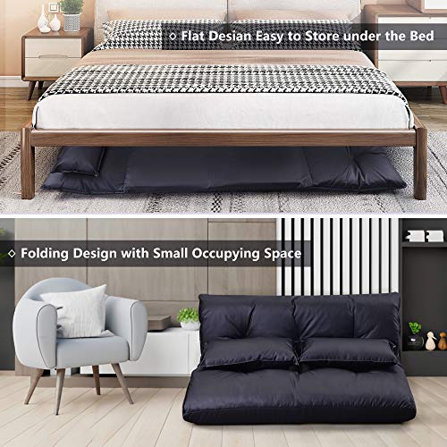 Futon Floor Sofa 5-Position Folding Chaise Lounge w/Adjustable Back&Steel Frame for Gaming Video,Multi-functional Lazy Sofa Sleeper Bed w/2 Lumbar Pillows&Thick Cushion for Living Room Bedroom (Black)