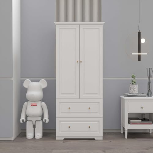 78.74” 6-Door Large Armoire Wardrobe Closet, Bedroom Armoire with 3 Drawers & 2 Hanging Rod, Wooden Armoires and Wardrobe,White (70.9”W x 23.63”D x78.74”H)