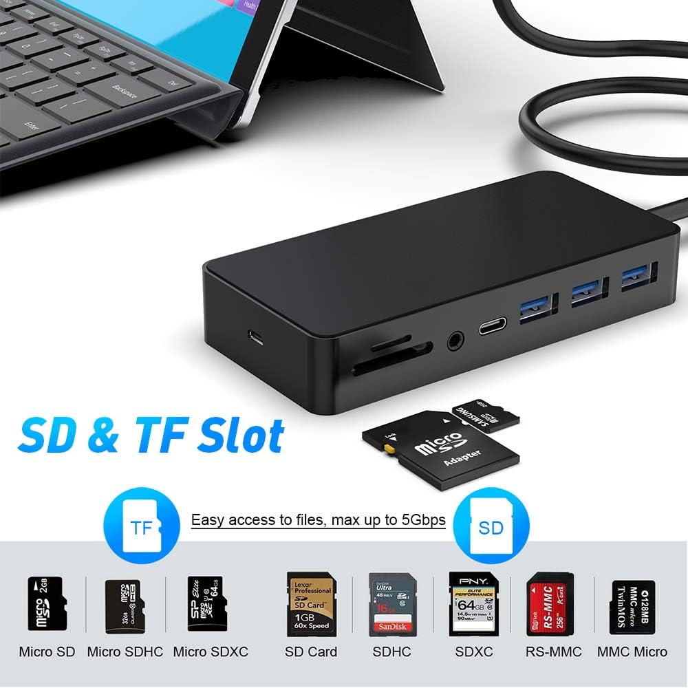 Surface Pro Dock Station Dual Monitor Compatible with Surface Pro 6/5/4, Surface Docking Station with DP, HDMI, VGA, 3 USB, RJ45, USB C, SD TF Slot, and Audio, Hub Combo Dock for USB Surface Pro