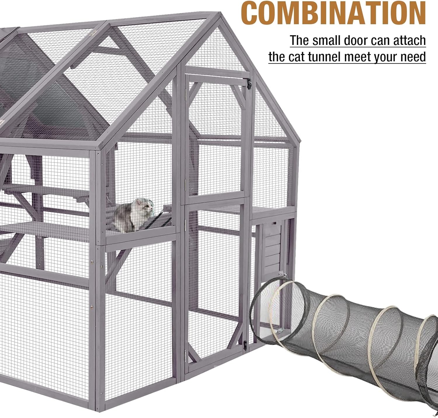 Catio Outdoor Cat Enclosure Large Cat House for Mulitiple Cats Walk in Cat Cage with Waterproof Roof, 6 Platforms Wooden Feral Cat Play Run Shelter, 60" H