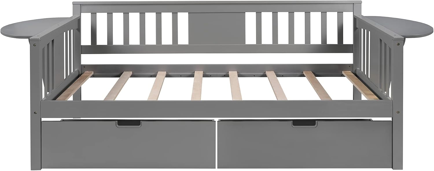 Twin Size Daybed Wood Bedframe with Two Drawers, Wooden Slats Support, Twin Sofa Bed for Living Room, Bedroom, Small Living Spaces