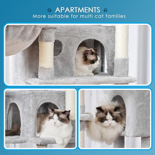 Hey-brother Cat Tree, 74 inches Multi-Level XL Large Cat Tower for Indoor Cats with Three Cat Condos, Two Large Top Decks and Cat Hairbrushfor Kittens, Cats and Pets, Light Gray MPJ035-MW
