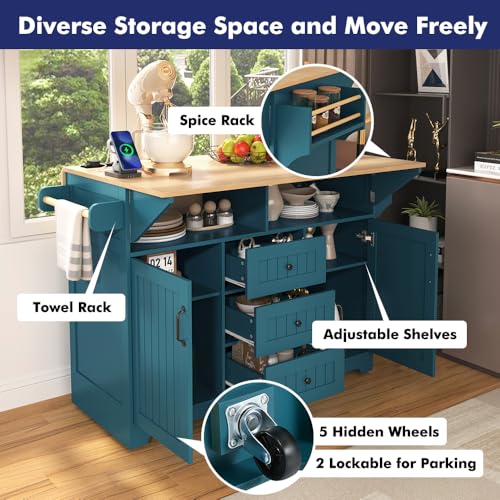 Rolling Kitchen Island with 2 Drop Leaf and Power Outlet, Island Table on Wheels with Towel Rack and Spice Rack, Kitchen Cart with Storage Cabinet and Drawers (White)