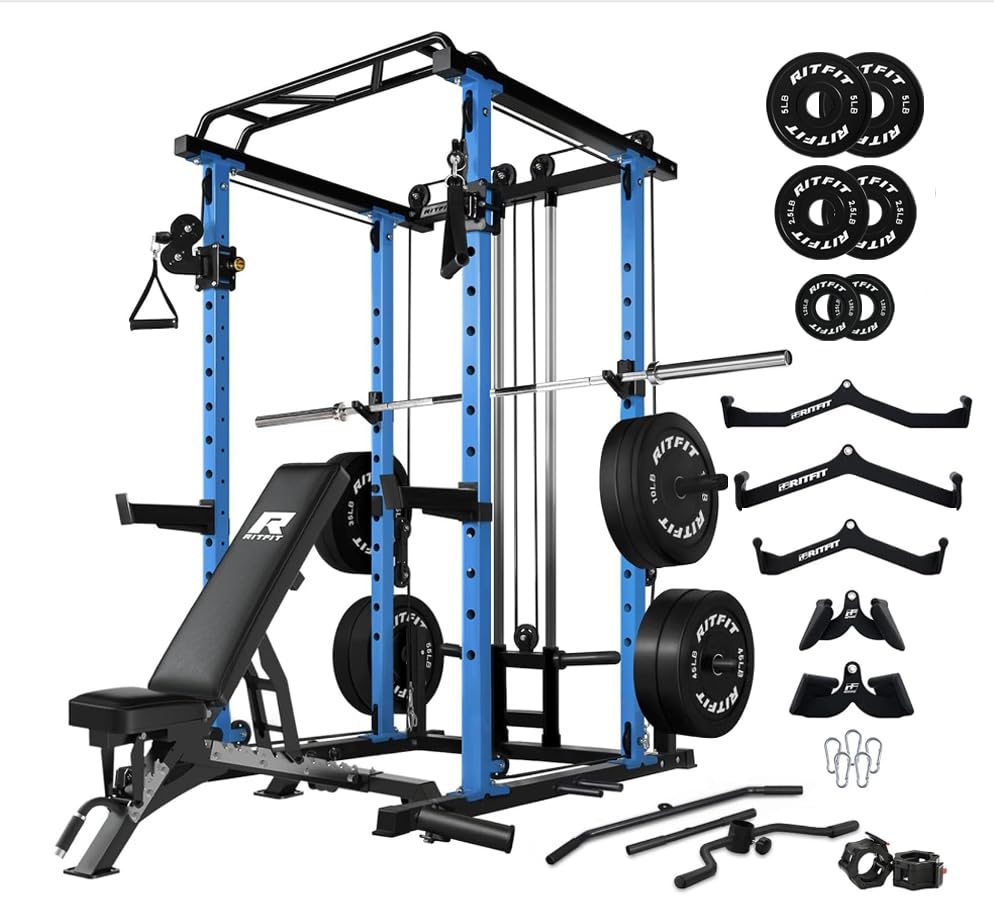 RitFit Multi-Function Squat Rack Power Cage PPC03 with Cable Crossover System, 1000LBS Capacity Power Rack and Packages with Optional Weight Bench, Barbell Weight Set, for Garage Workout & Home Gym
