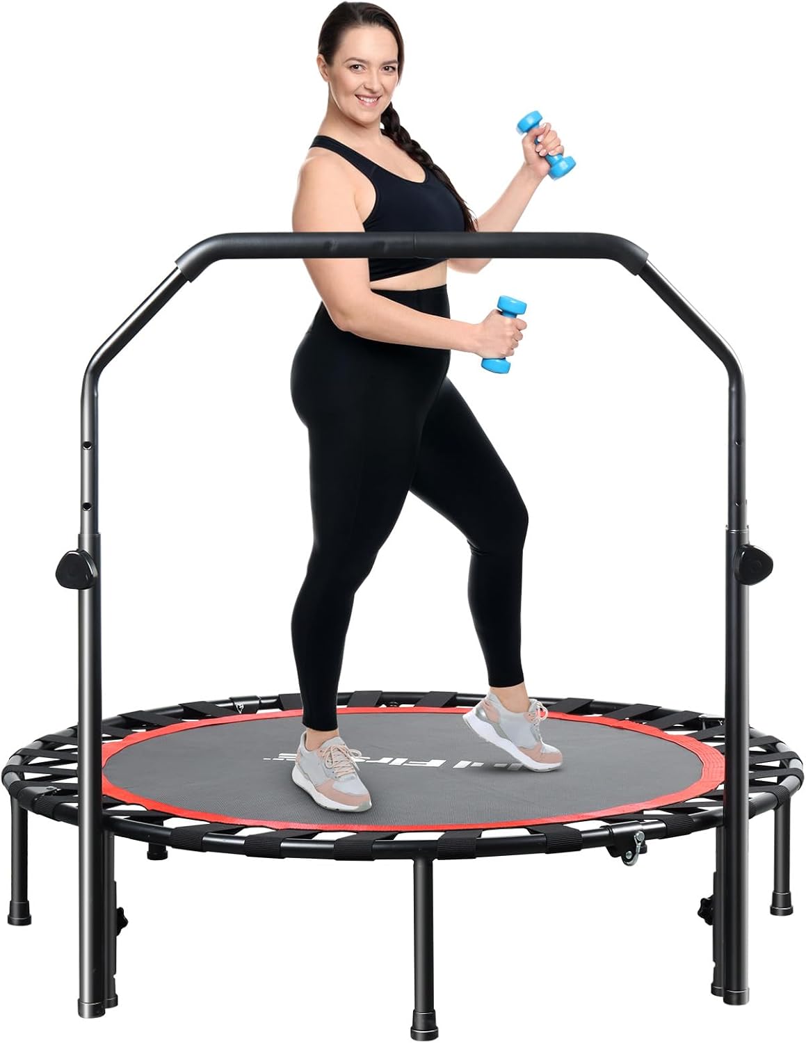 48" Bungees Rebounder Trampoline for Adults, 330LBS Fitness Trampoline Foldable Mini Trampoline,3 Level Adjustable Foam Handle, Stable & Silent Exercise Trampoline for Adults Indoor Workout