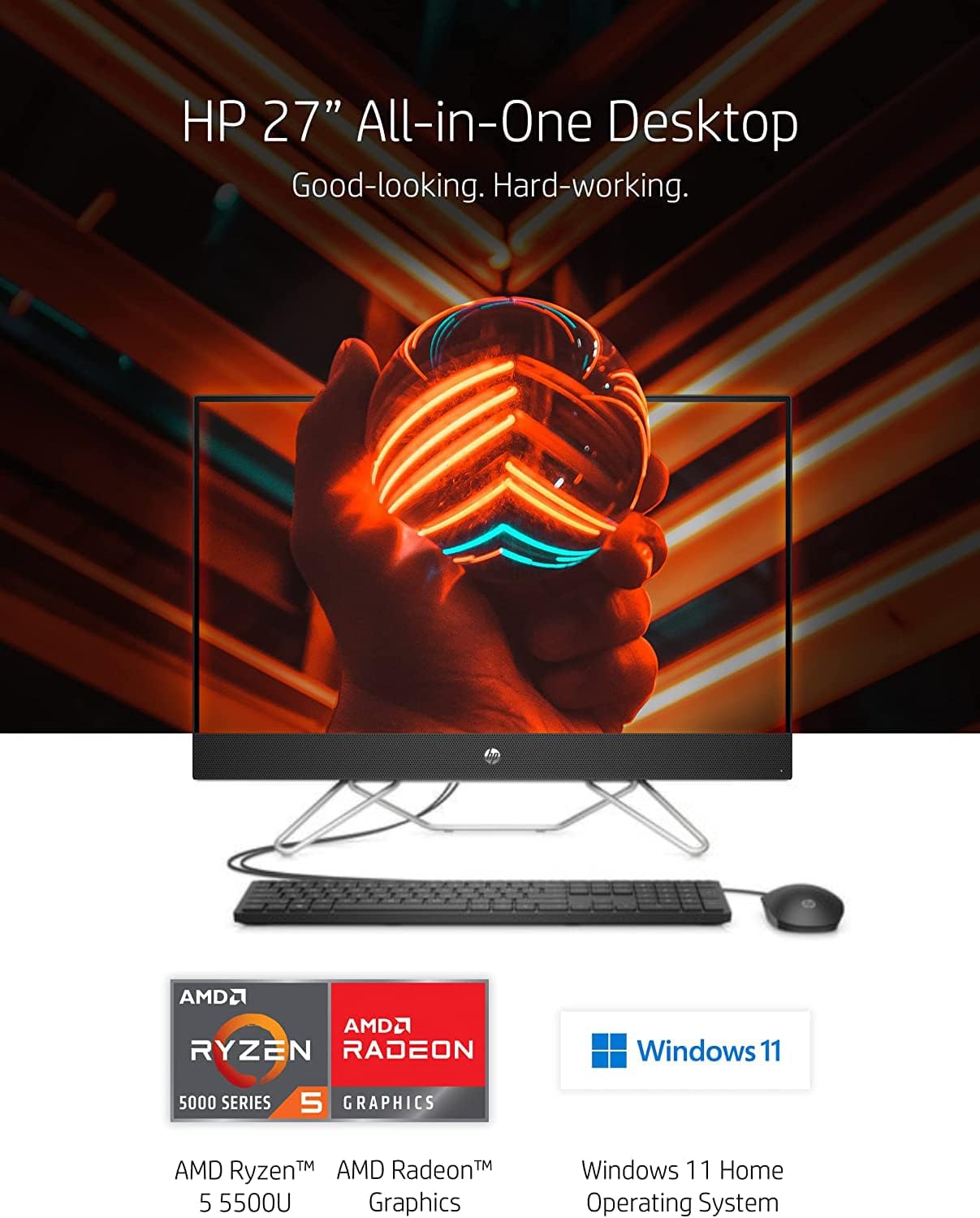 2022 Newest HP 27 inch FHD All-in-One Computer, AMD Ryzen 5 5500U(Beat i5-1135G7, up to 4.0 GHz), 16GB RAM, 512GB PCIe SSD+1TB HDD, Webcam, Ethernet, WiFi, Speakers, HDMI, Win11, w/Keyboard+Mouse