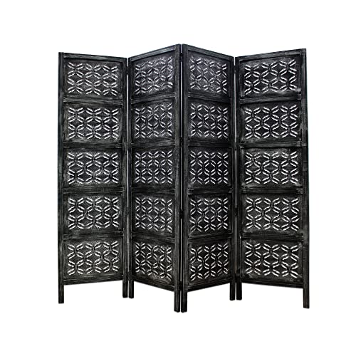 Room Divider Wood Screen - Ghanti Bells Antique Brown - 4 Panel Folding 72 x 80 - Assembled Hand Carved Decorative Functional Versatile Portable Partition Reversible Privacy Boho - COTTON CRAFT